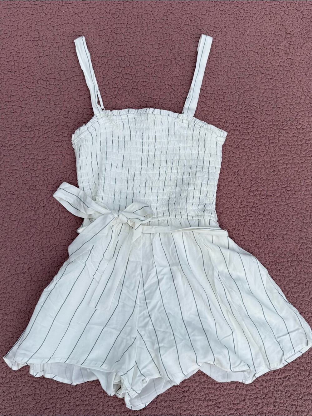 Francesca's Collections White Striped Smocked Romper with Belt